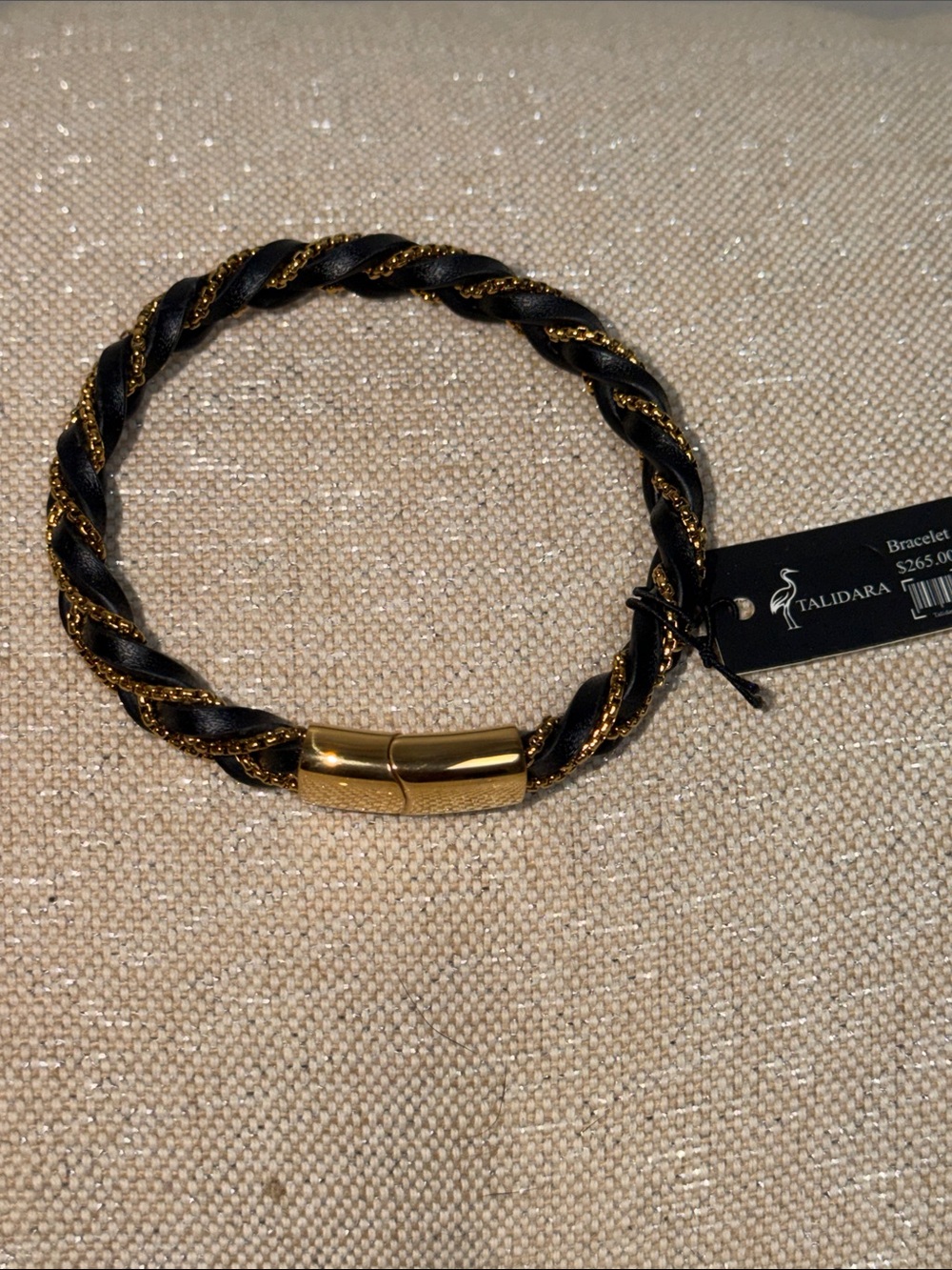 Black Leather Bracelet with Gold Chain Accent